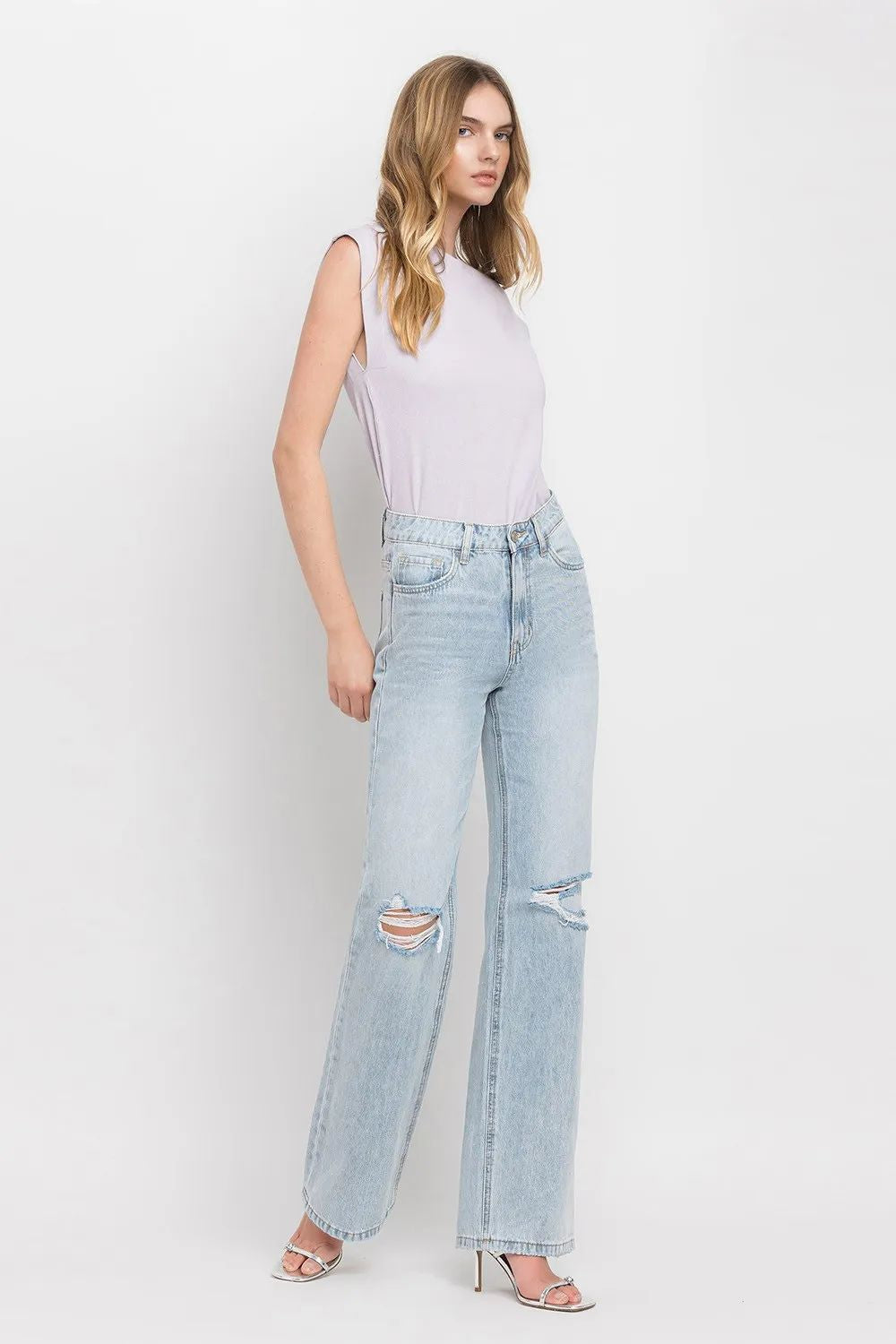 High Waist Ripped Cotton Straight Jean
