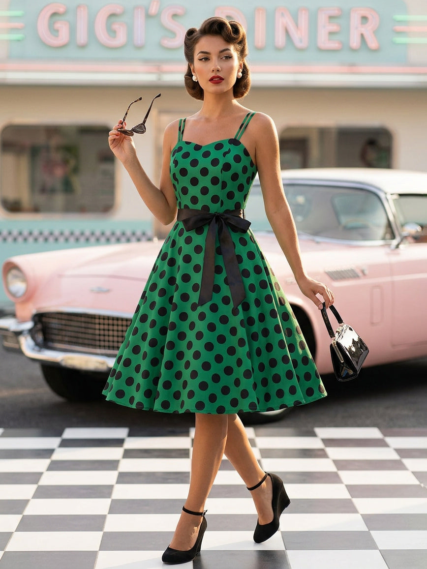 Polka Dot Vintage Midi Swing Dress for Women - 1950s A-Line Belted Rockabilly Slip Sun Dress - Summer Holiday Party 2026