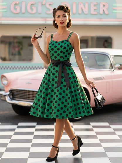 Polka Dot Vintage Midi Swing Dress for Women - 1950s A-Line Belted Rockabilly Slip Sun Dress - Summer Holiday Party 2026