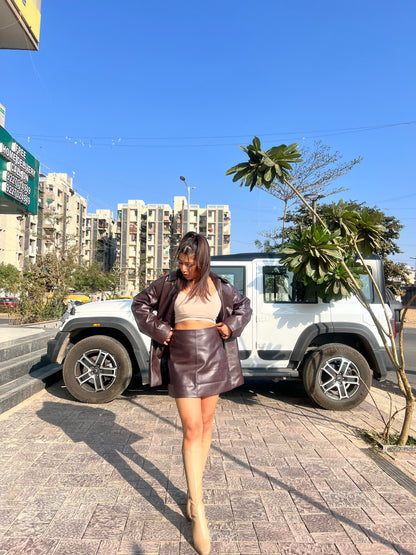 Leather Long Jacket & Short Skirt Coord Set