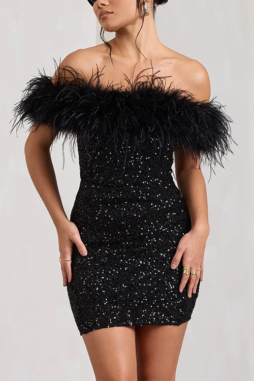 Off Shoulder Feather Trim Sequin Mini Party Dress