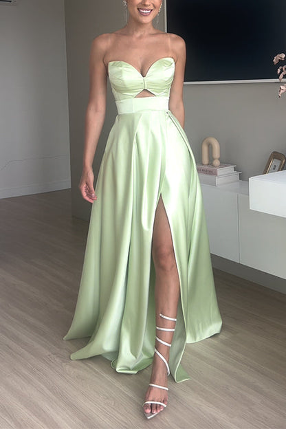 Strapless Cut Out Back Lace-up Slit Maxi Party Dress