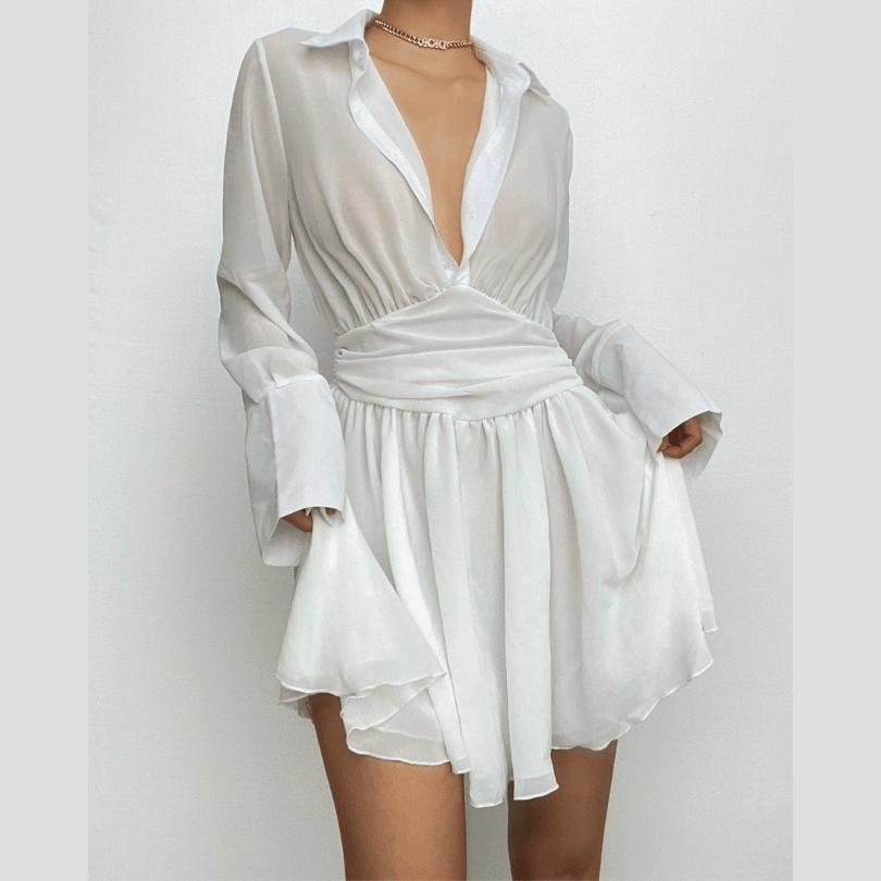 Spread Collar Deep V Ruched Waist Ruffled Cuff Mini Dress