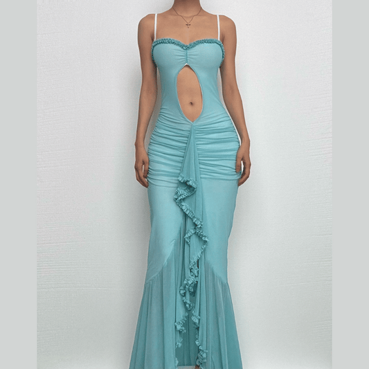 Ruffle ruched lace hem hollow out cami cut out maxi dress
