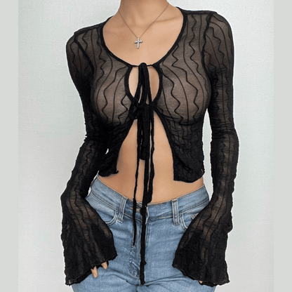 Self tie see through long flared sleeve textured crop top
