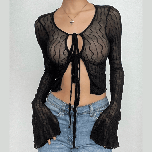 Self tie see through long flared sleeve textured crop top