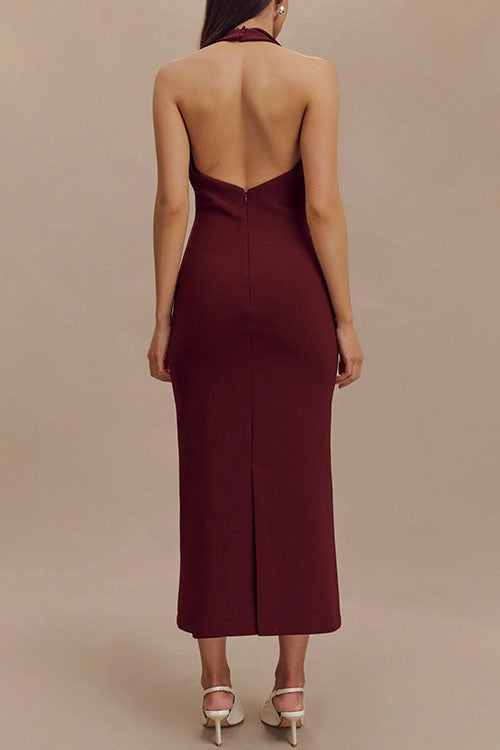 Meridress Halter V Neck Backless Buttons Bodycon Midi Dress