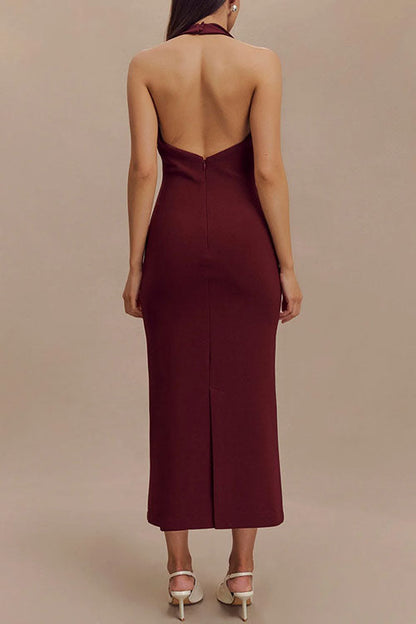 Meridress Halter V Neck Backless Buttons Bodycon Midi Dress