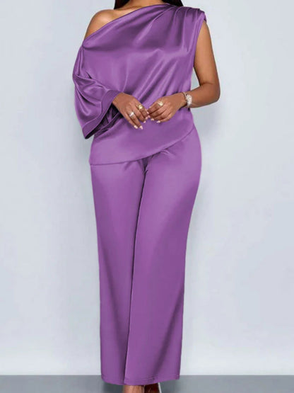 Satin Sloping Shoulders Short Sleeve Jacket Wide-leg Pants Set 2-piece Sets