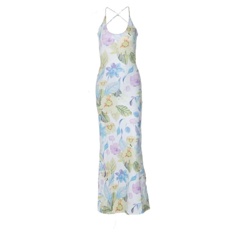 Flower print u neck cross back backless cami midi dress-final-sale