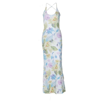 Flower print u neck cross back backless cami midi dress-final-sale
