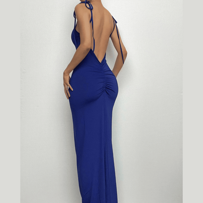 Self tie backless ruched square neck solid maxi dress