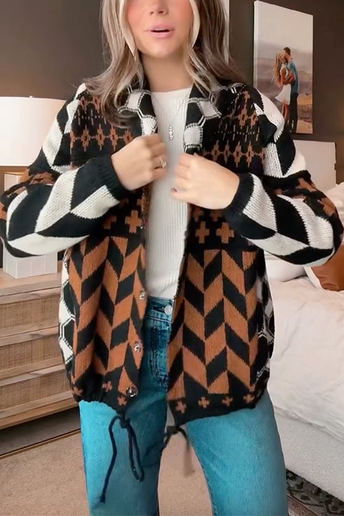 Meridress Button Down Drawstring Hem Geometric Pattern Sweater Cardigan