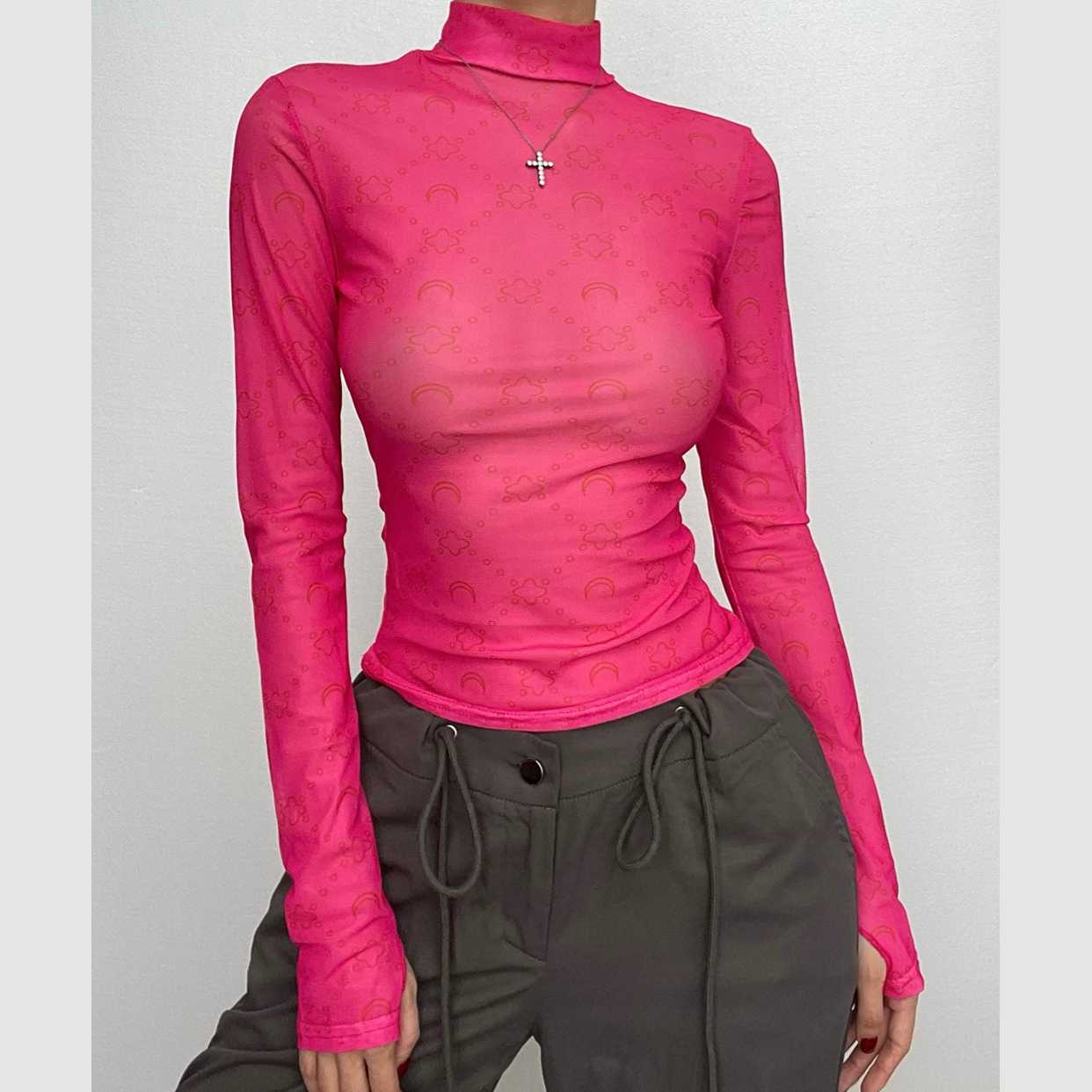 Sheer mesh see through solid long sleeve gloves print high neck top