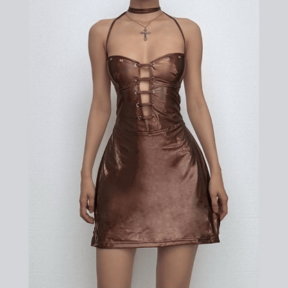 Halter lace up metallic v neck cami mini dress