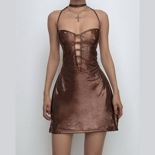 Halter lace up metallic v neck cami mini dress