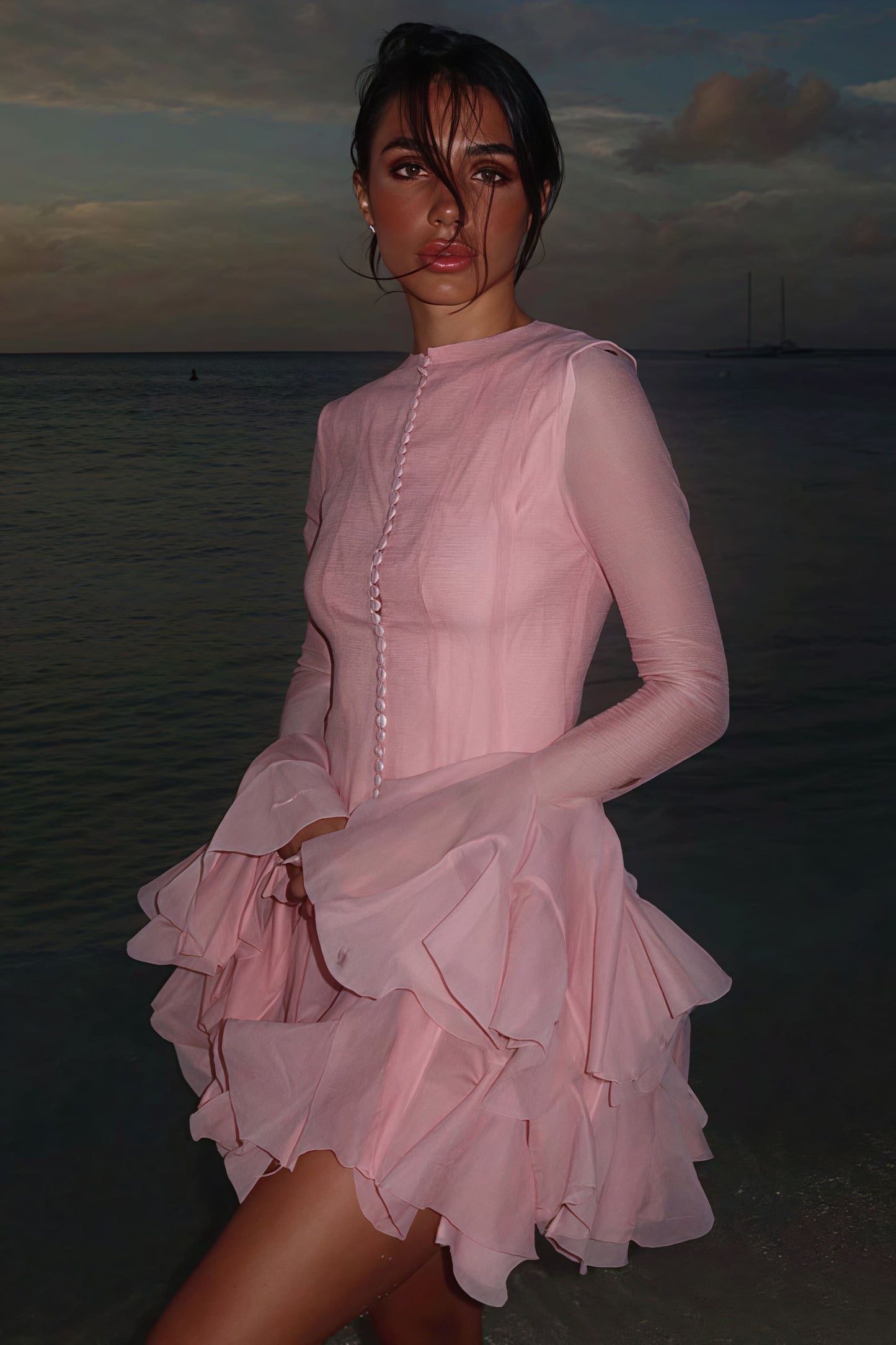 High Neck Button Front Long Sleeve Tiered Ruffle Flounce Mini Dress