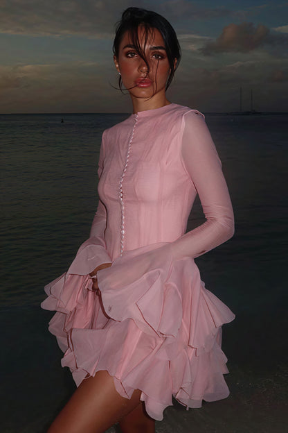 High Neck Button Front Long Sleeve Tiered Ruffle Flounce Mini Dress
