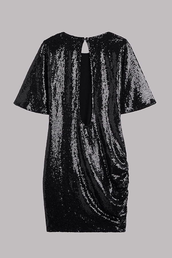 Countdown Celebration Sequin Short Bell Sleeve Open Back Ruched Mini Dress