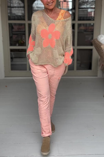 Embroidered Flower Hollow Long-sleeved Holiday Loose Knitted Top
