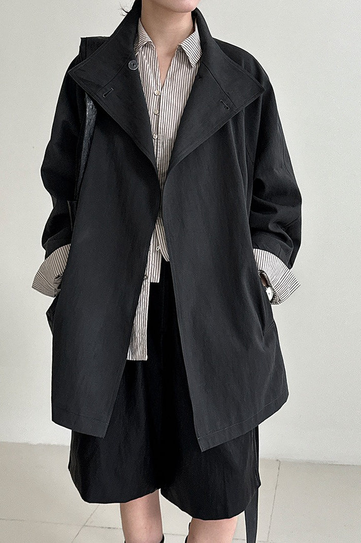 British-Style Stand-Collar Belted Mid-Length Trench Coat