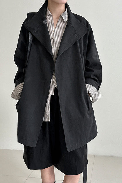 British-Style Stand-Collar Belted Mid-Length Trench Coat