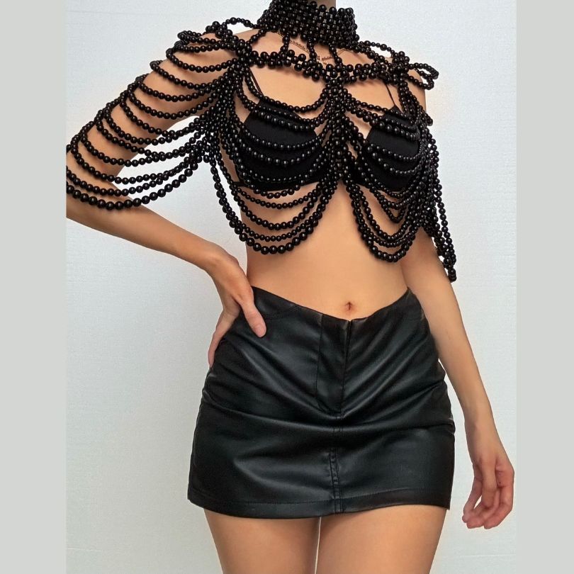 Beaded high neck hollow out metal chain cut out top