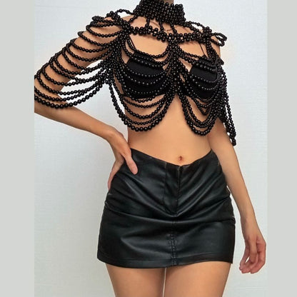 Beaded high neck hollow out metal chain cut out top