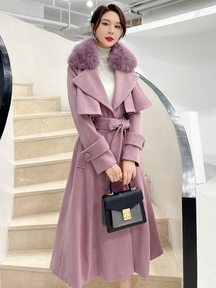 Full Length Flared Woolen Coat White Faux Fur Collar Classic Lapel Belted Slim A-line Winter Maxi Coat 2026