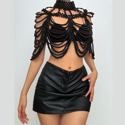 Beaded high neck hollow out metal chain cut out top