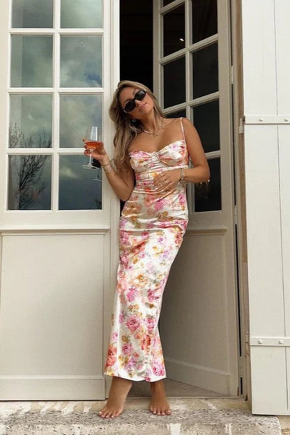 Floral Print Spaghetti Strap V Neck Maxi Dress