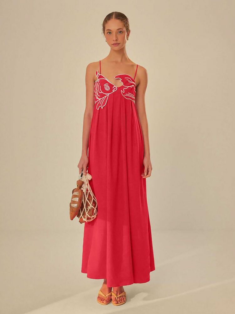 Fish Applique Spaghetti Strap Empire Waist Gathered Pleated Maxi Dress