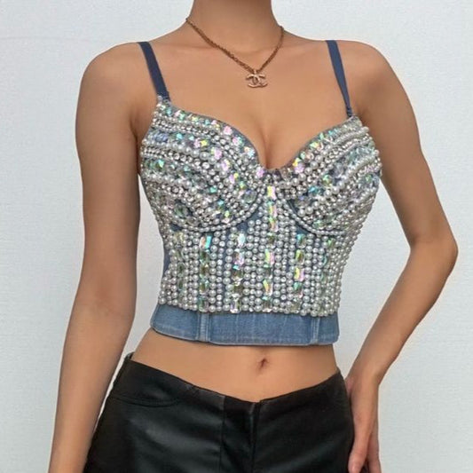 Beaded denim v neck backless cami top