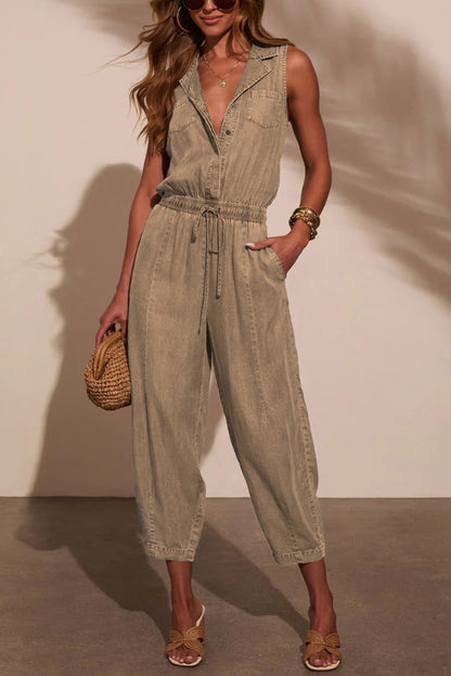 Stylish Collared Sleeveless Elastic Waist Tie Casual Pocket Denim Jumpsuit
