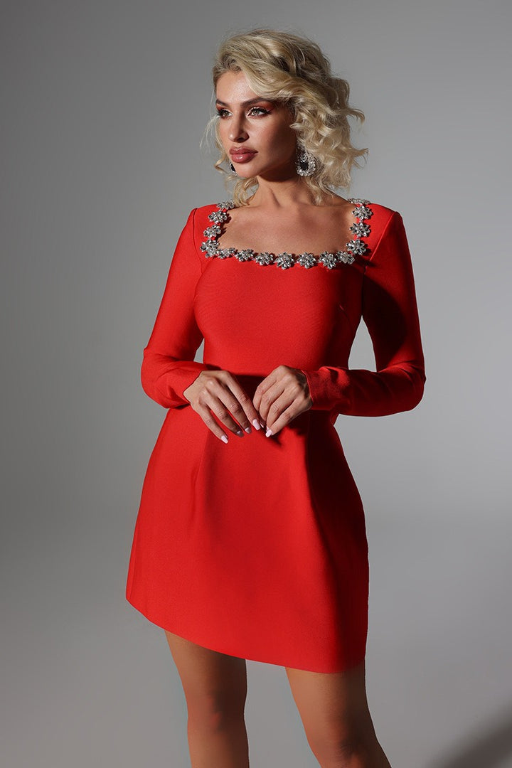 Elegant White Square Neck Long Sleeve Pearl Trim Slim Cocktail Dress