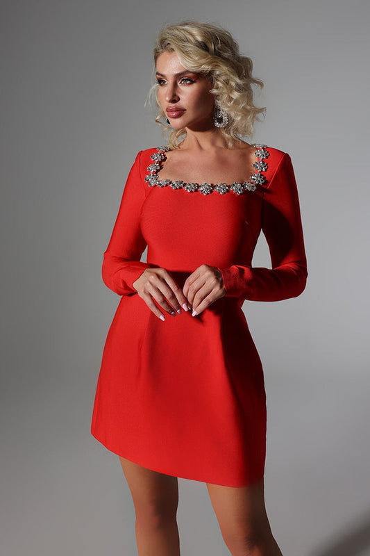 Elegant White Square Neck Long Sleeve Pearl Trim Slim Cocktail Dress