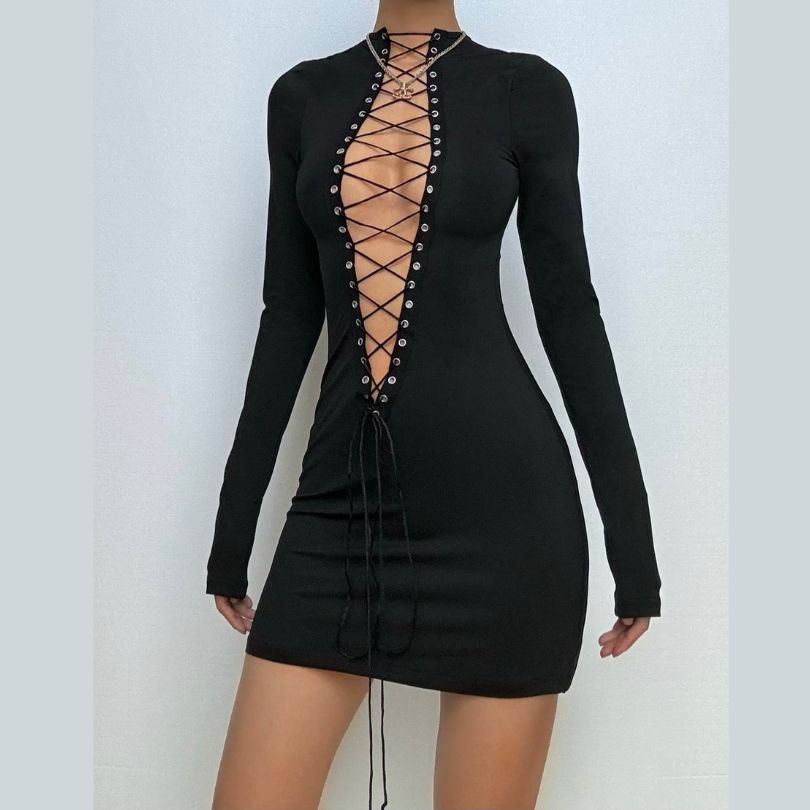 Long sleeve lace up mini dress