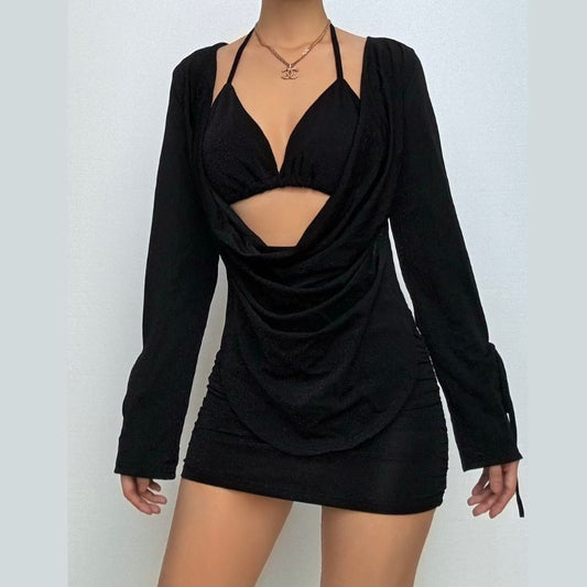 Halter long sleeve glitter 3 piece mini skirt set