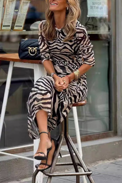 Warm Zebra Print Mirror Velvet Stretch Slim Fit Dress