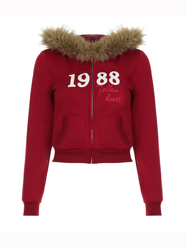 Red Vintage Digital Print Fur Oversized Hoodie