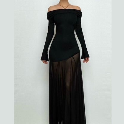 Long sleeve off shoulder mesh patchwork ruched maxi dress