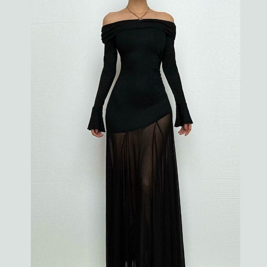 Long sleeve off shoulder mesh patchwork ruched maxi dress