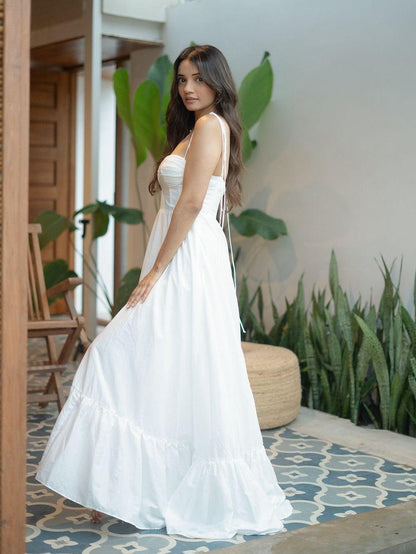 Tied Spaghetti Strap Corset Flare Maxi Dress