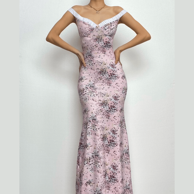 Ruched flower print contrast sleeveless v neck maxi dress-final-sale
