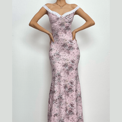 Ruched flower print contrast sleeveless v neck maxi dress-final-sale