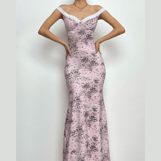 Ruched flower print contrast sleeveless v neck maxi dress-final-sale