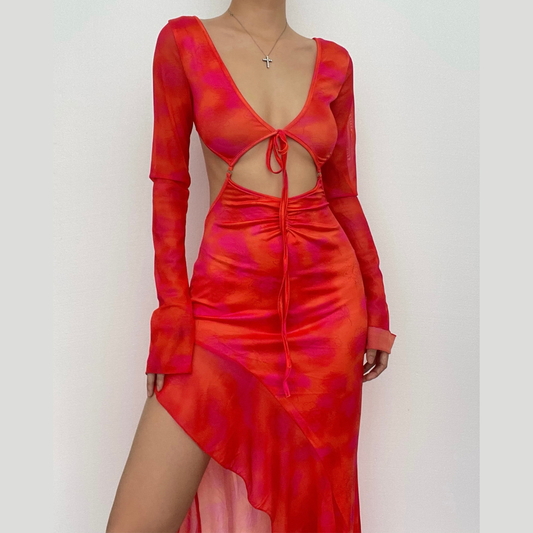 Long sleeve solid mesh slit v neck ruffle hollow out cut out maxi dress-final-sale