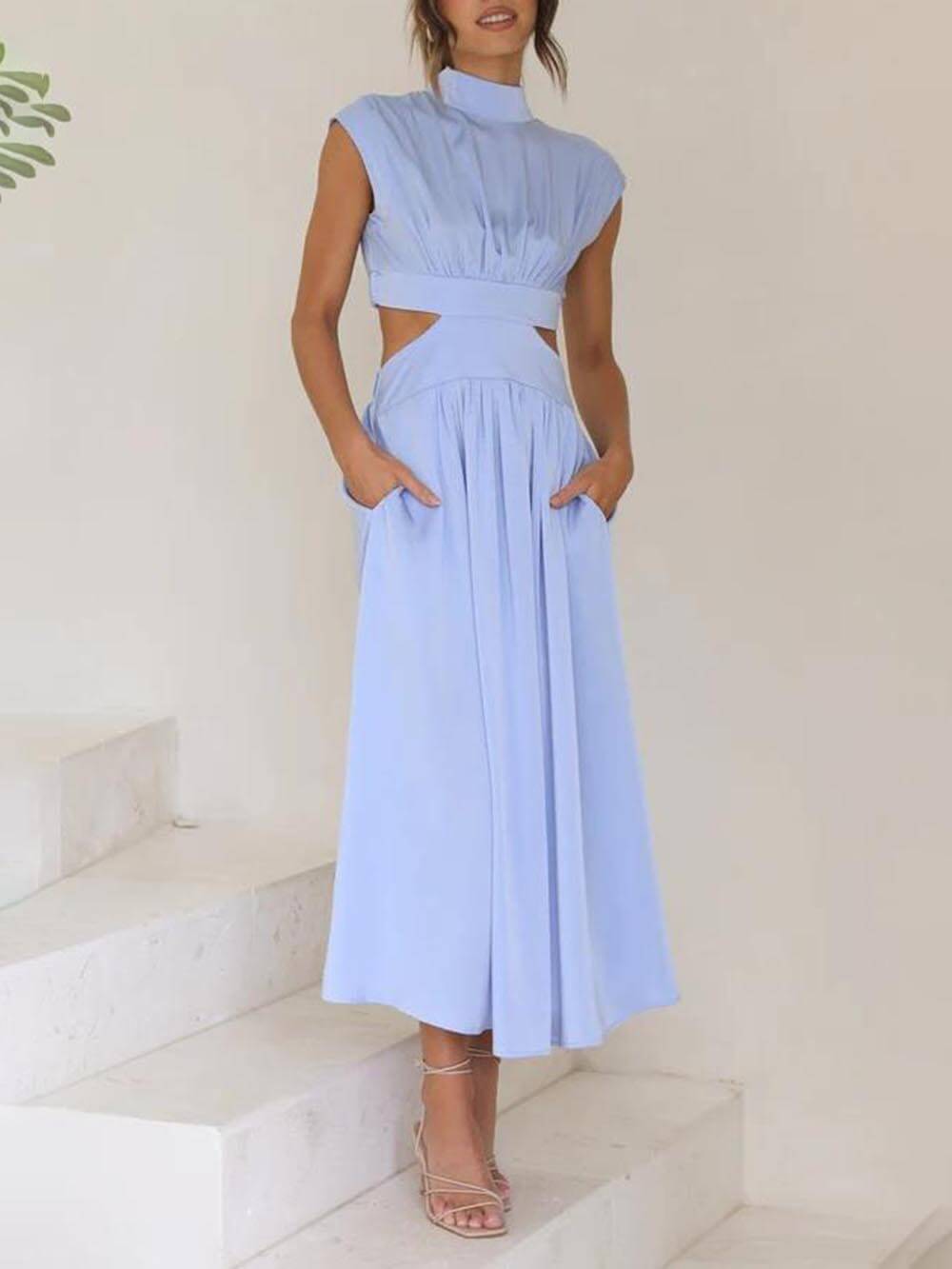 Mock Neck Sleeveless Waist Cutout Pocketed A-Line Midi Dress