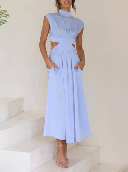 Mock Neck Sleeveless Waist Cutout Pocketed A-Line Midi Dress