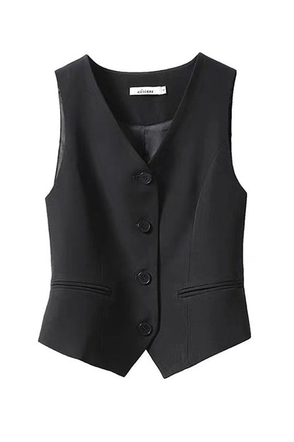 V Neck Button Up Pocketed Blazer Vest